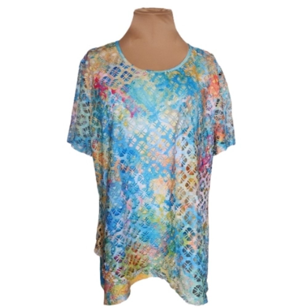 Ethyl XL Multicolor Crochet Look‎ Mesh Asymmetrical Boho Blouse